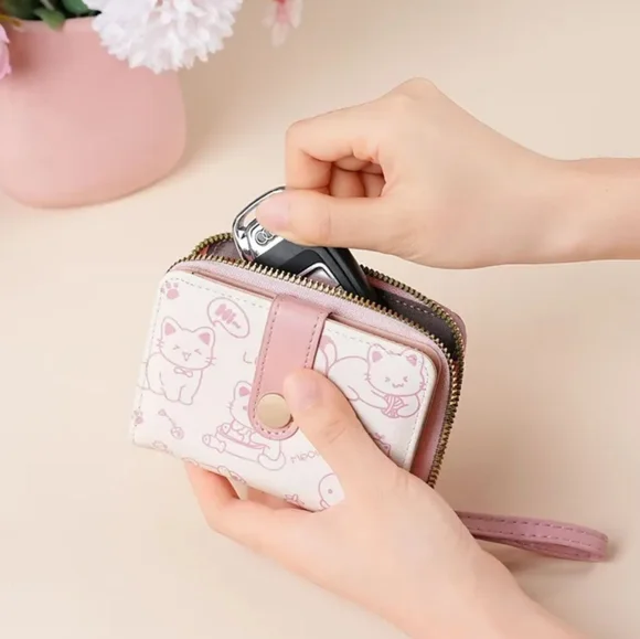 Pink & White Whimsical Cat Print Mini Wallet - Picture 6 of 15